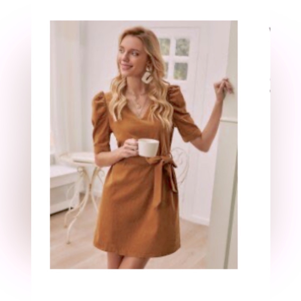 SHEIN V-neck Puff Sleeve Belted Tan/ Brown Mini Dress - Picture 1 of 9